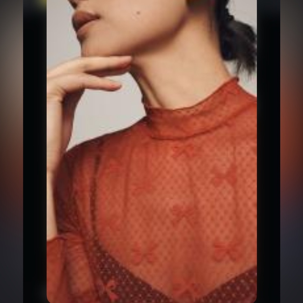 Anthropologie Maeve Bow Sheer Lace Turtleneck Top Red - Picture 4 of 10